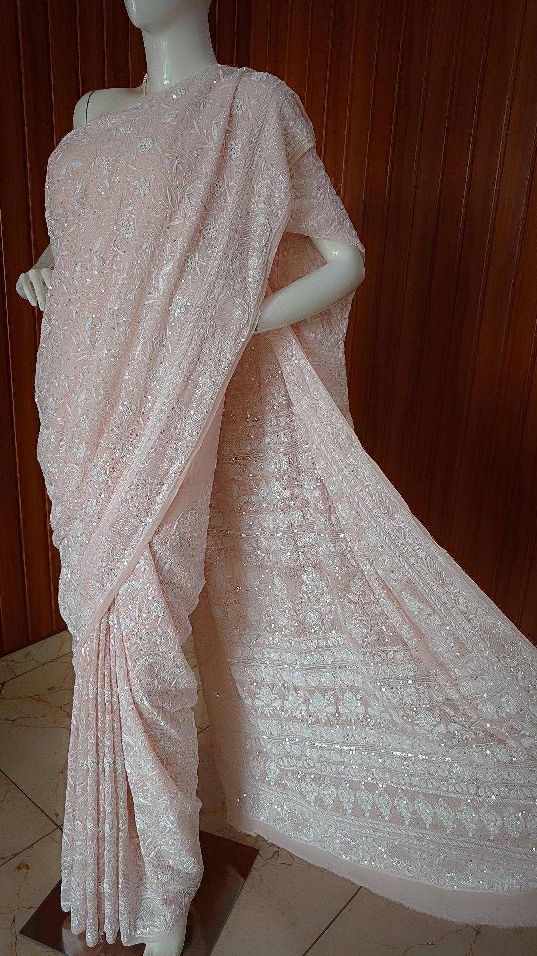 Ruhani Soft Peach 2 and 3 taar Chikankari Masterpiece Saree